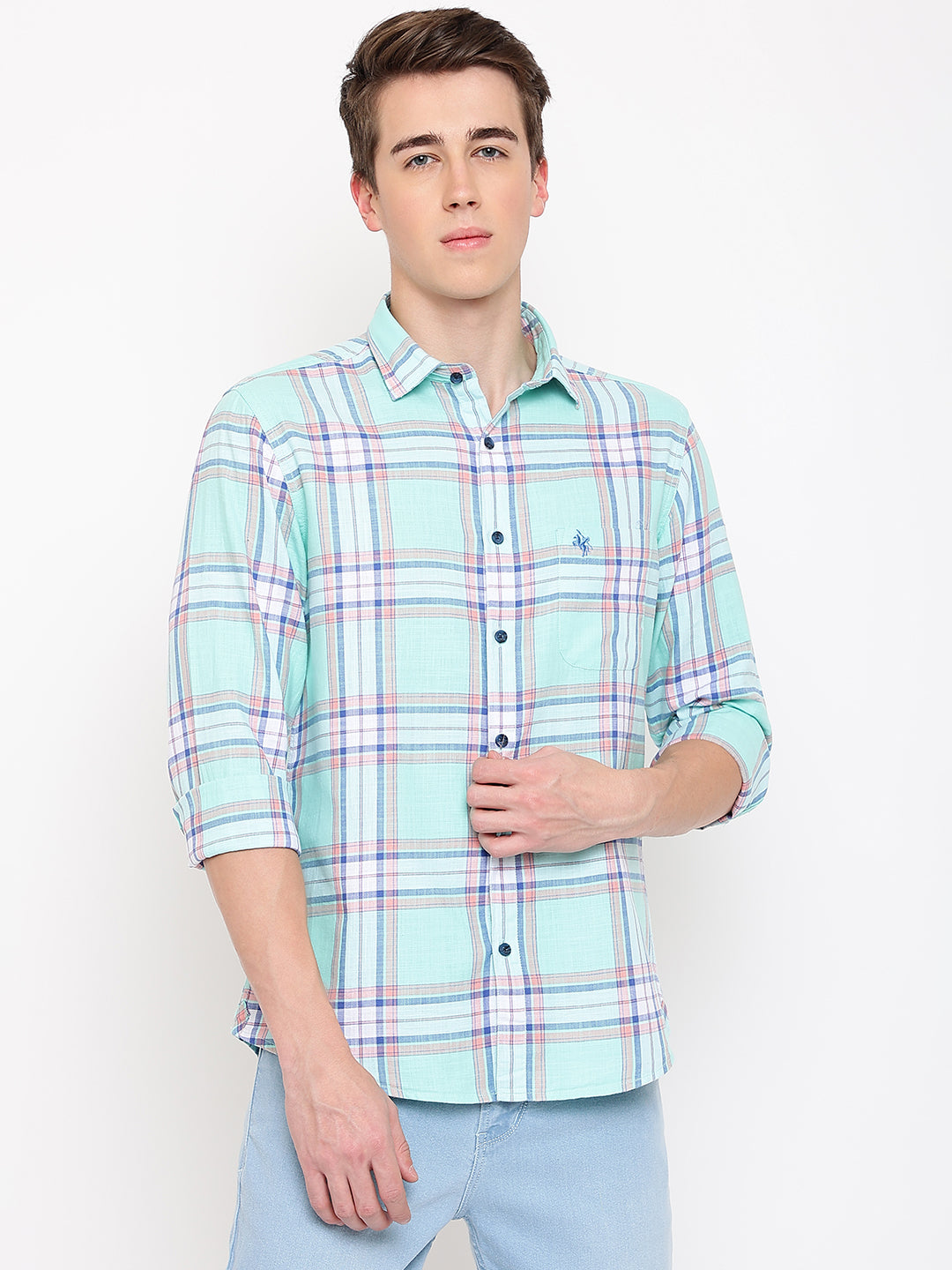 Cantabil Cotton Checkered Green Full Sleeve Casual Shirt for Men with Pocket (7067726610571)