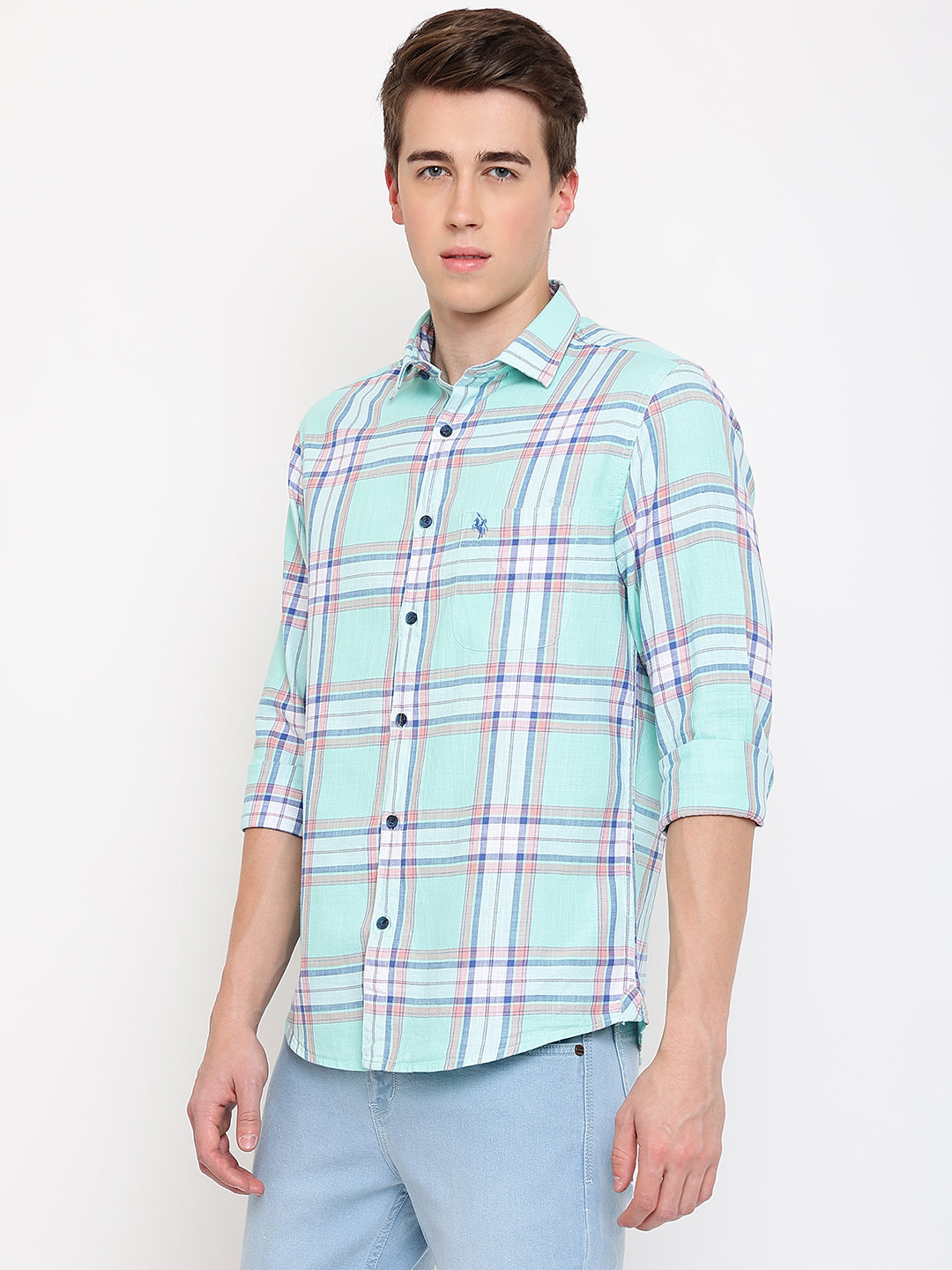 Cantabil Cotton Checkered Green Full Sleeve Casual Shirt for Men with Pocket (7067726610571)