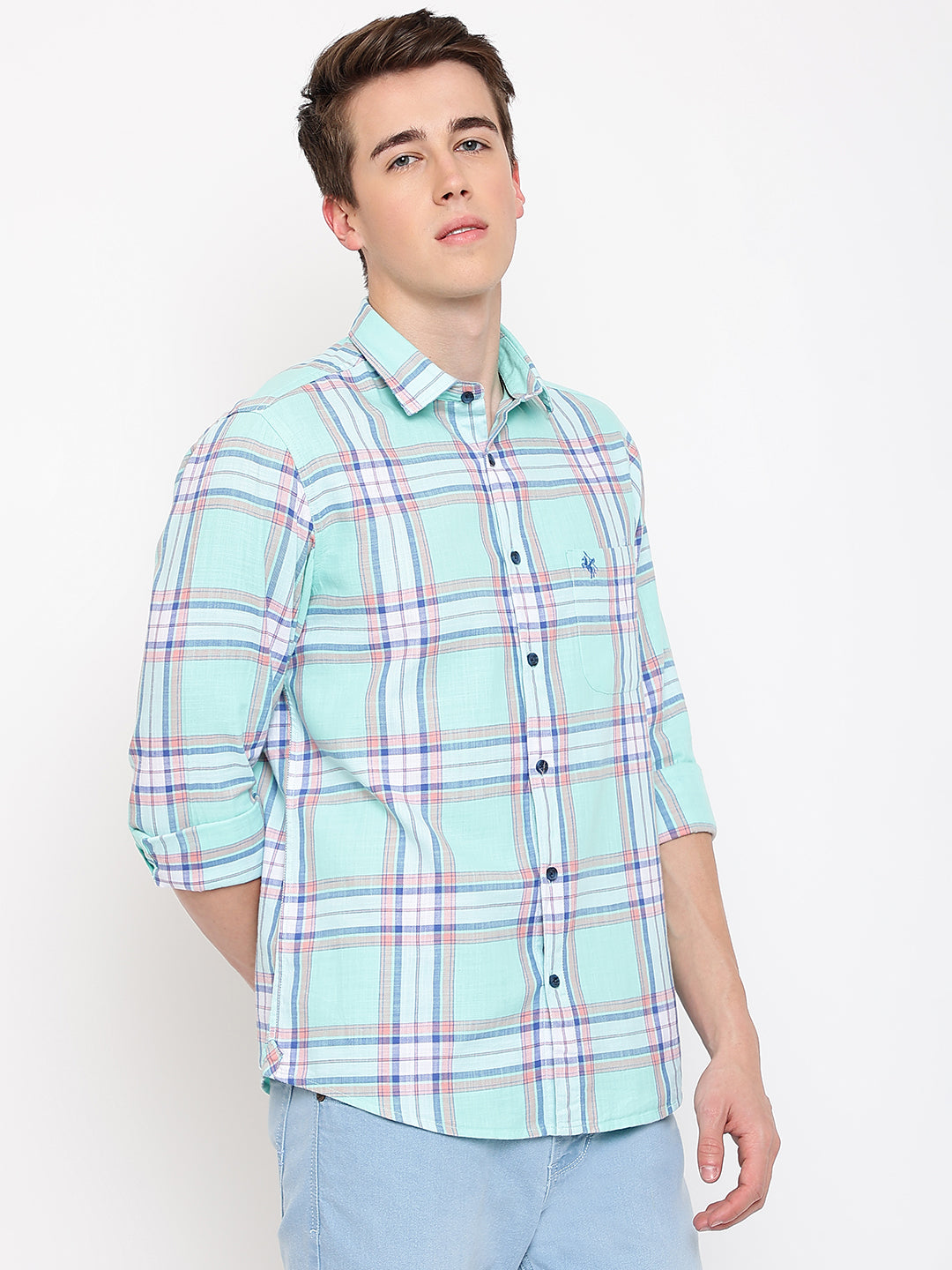 Cantabil Cotton Checkered Green Full Sleeve Casual Shirt for Men with Pocket (7067726610571)