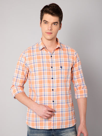 Cantabil Cotton Checkered Orange Full Sleeve Casual Shirt for Men with Pocket (7048398733451)