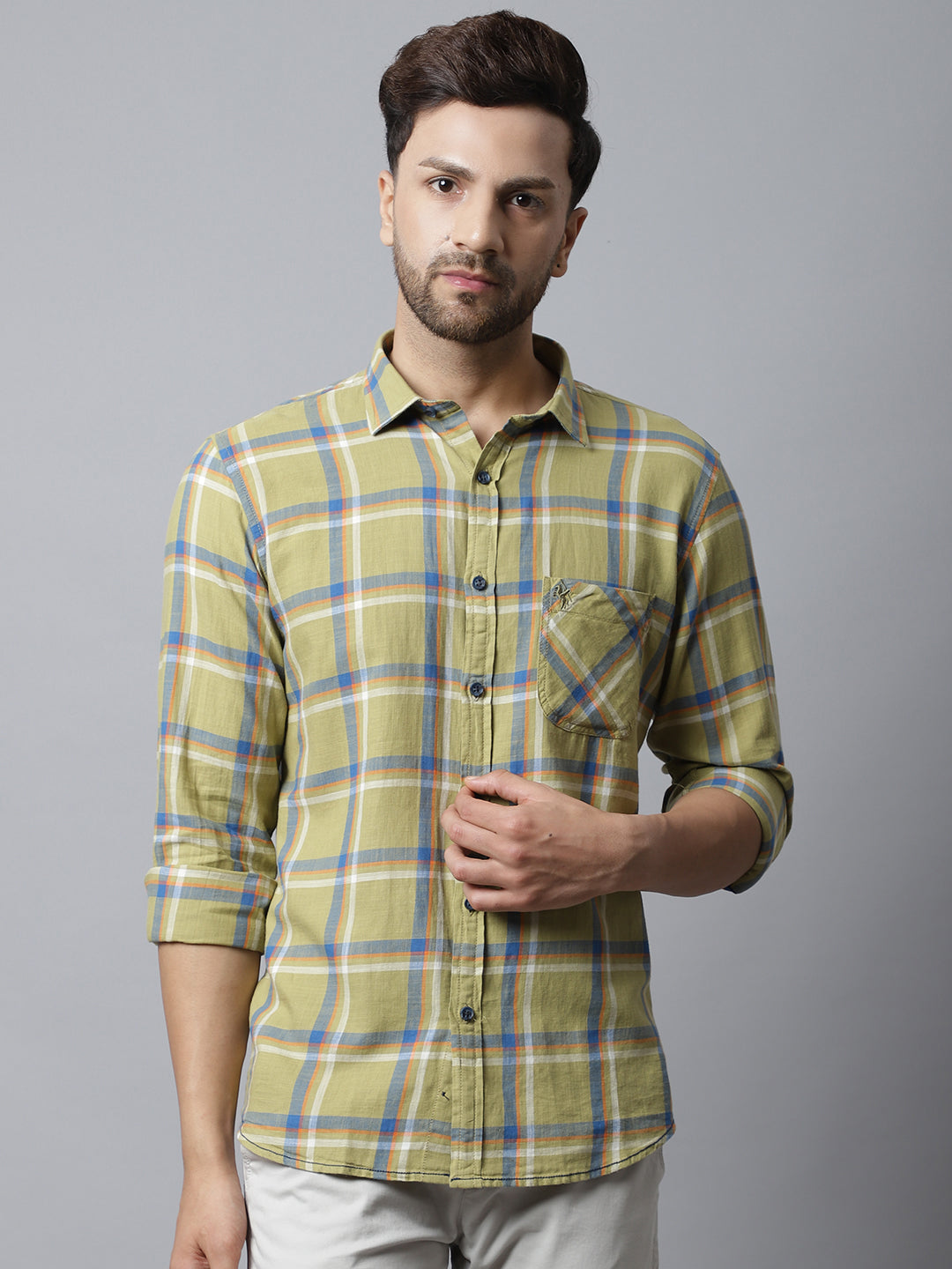 Cantabil Cotton Checkered Light Green Full Sleeve Casual Shirt for Men with Pocket (7048394997899)