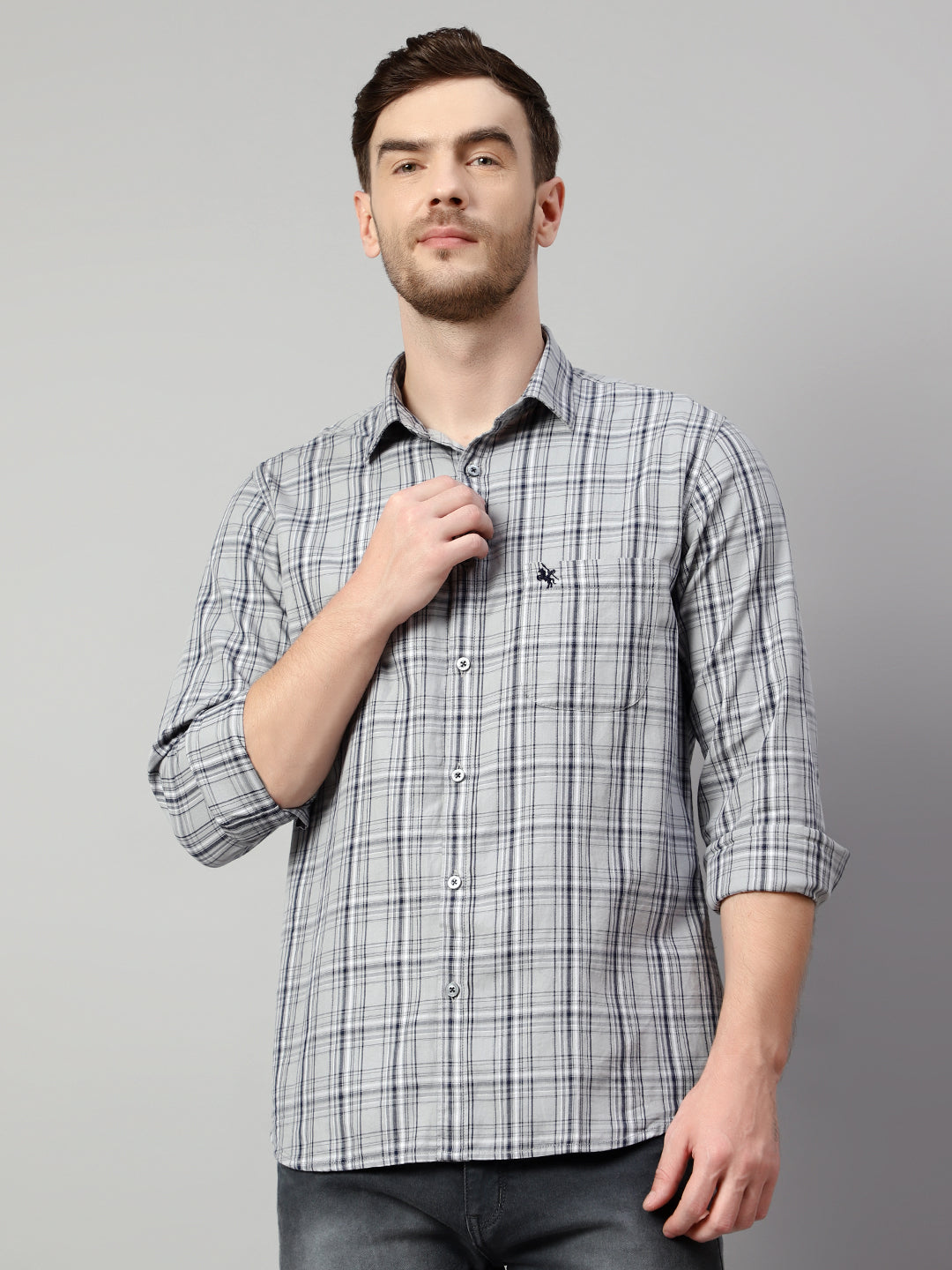 Cantabil Cotton Checkered Grey Full Sleeve Casual Shirt for Men with Pocket (7114264248459)