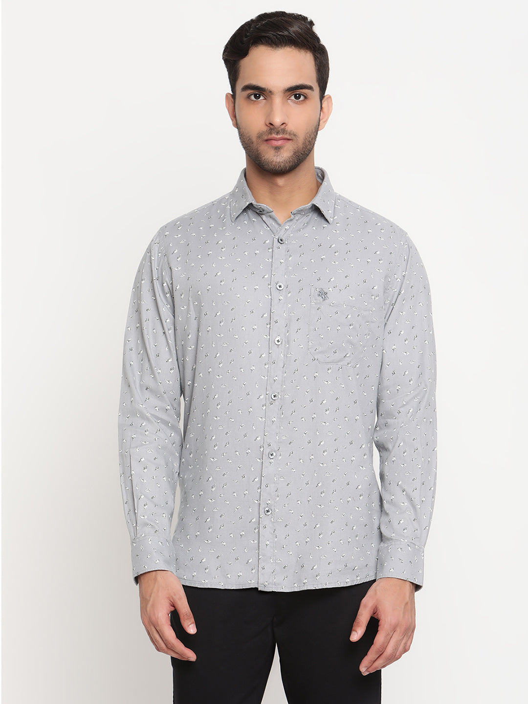 Cantabil Cotton Printed Grey Full Sleeve Casual Shirt for Men with Pocket (6795510317195)