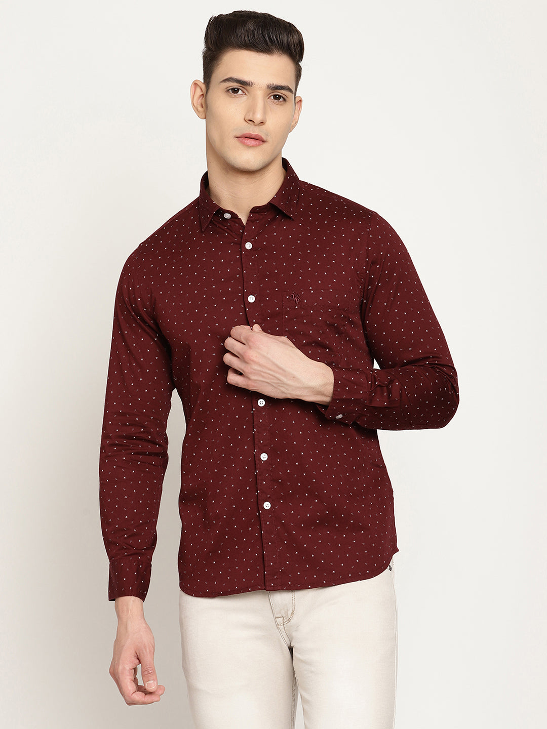 Cantabil Cotton Printed Maroon Full Sleeve Casual Shirt for Men with Pocket (6831075917963)