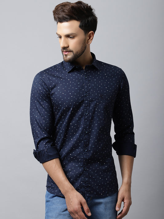Cantabil Cotton Printed Navy Blue Full Sleeve Casual Shirt for Men with Pocket (7048397389963)