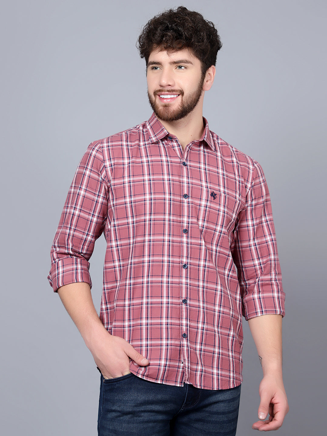 Cantabil Cotton Checkered Mauve Full Sleeve Casual Shirt for Men with Pocket (7089898782859)