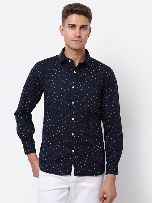 Cantabil Cotton Printed Navy Blue Full Sleeve Casual Shirt for Men with Pocket (6928246145163)