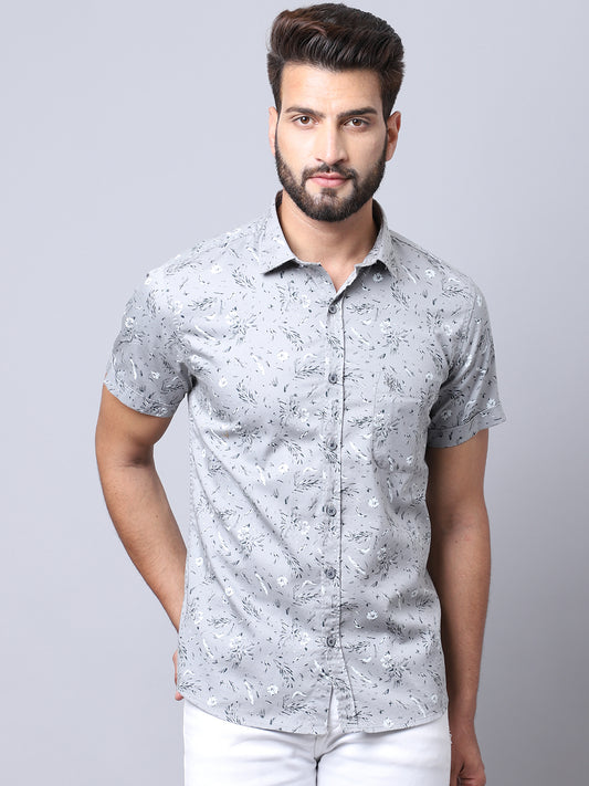 Cantabil Cotton Printed Grey Half Sleeve Casual Shirt for Men with Pocket (7004057796747)