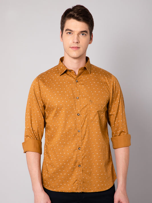 Cantabil Cotton Printed Mustard Full Sleeve Casual Shirt for Men with Pocket (7048405352587)