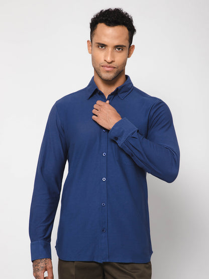 Cantabil Cotton Blend Ink Blue Solid Full Sleeve Casual Shirt for Men with Pocket (7113362243723)