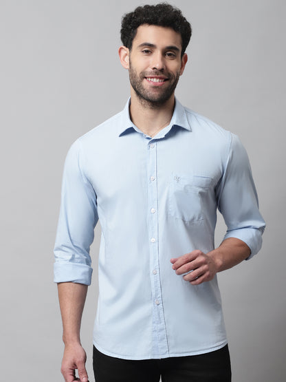 Cantabil Cotton Blend Solid Sky Blue Full Sleeve Casual Shirt for Men with Pocket (7070776328331)