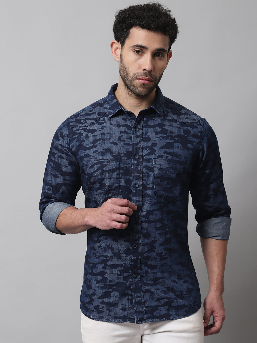 Cantabil Cotton Printed Blue Full Sleeve Casual Shirt for Men with Pocket (7070779736203)