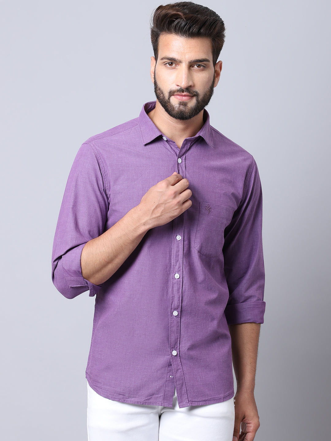 Cantabil Cotton Solid Purple Full Sleeve Casual Shirt for Men with Pocket (7004099051659)