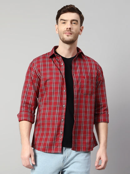 Cantabil Cotton Checkered Red Full Sleeve Casual Shirt for Men with Pocket (7114284433547)