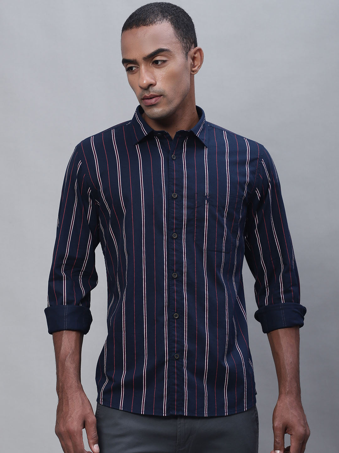 Cantabil Cotton Striped Navy Blue Full Sleeve Casual Shirt for Men with Pocket (7113873850507)