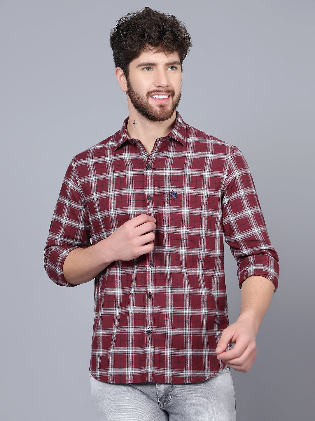 Cantabil Cotton Checkered Maroon Full Sleeve Casual Shirt for Men with Pocket (7089934041227)