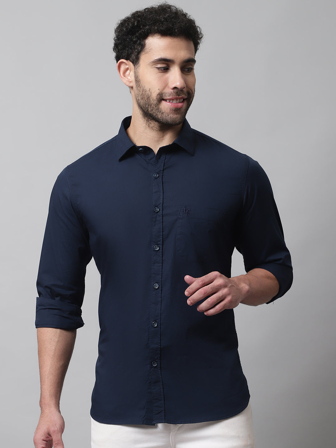 Cantabil Cotton Blend Solid Navy Blue Full Sleeve Casual Shirt for Men with Pocket (7070775214219)