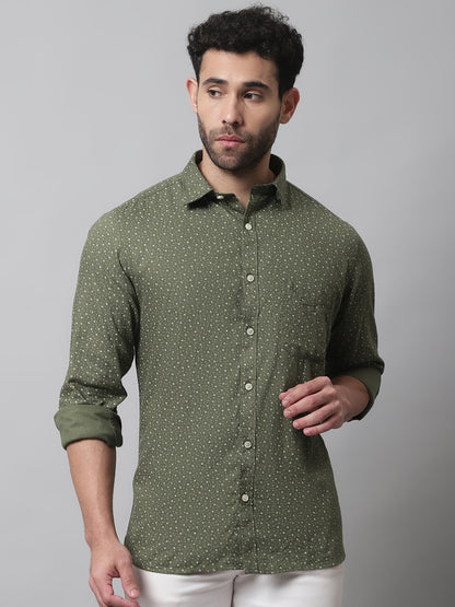 Cantabil Cotton Printed Olive Full Sleeve Casual Shirt for Men with Pocket (7070775378059)