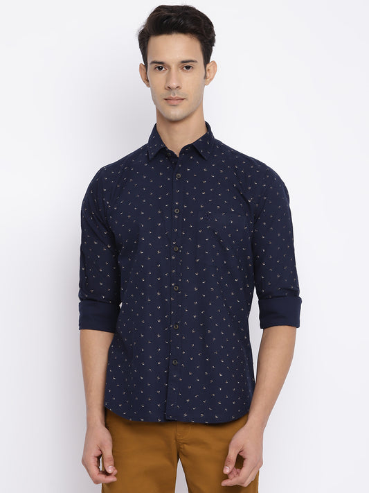 Cantabil Cotton Printed Navy Blue Full Sleeve Casual Shirt for Men with Pocket (7050418094219)