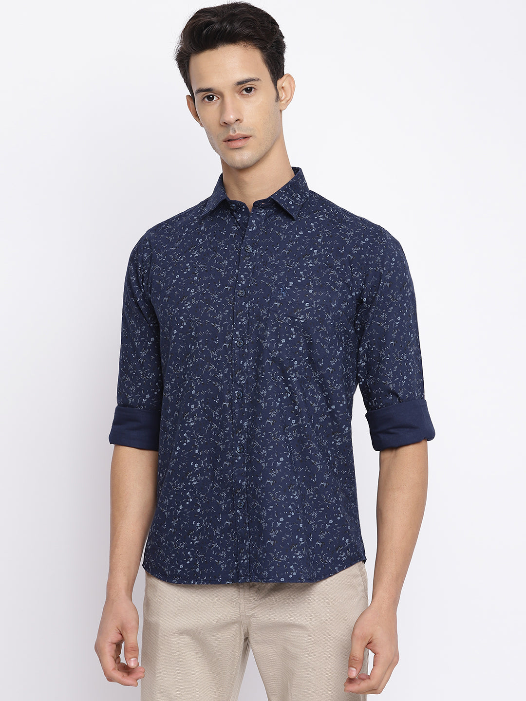Cantabil Cotton Printed Navy Blue Full Sleeve Casual Shirt for Men with Pocket (7050475569291)