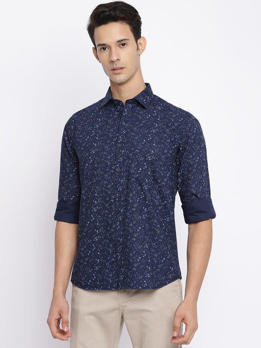 Cantabil Cotton Printed Navy Blue Full Sleeve Casual Shirt for Men with Pocket (7050475569291)