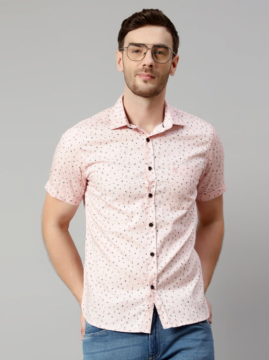Cantabil Cotton Printed Pink Half Sleeve Casual Shirt for Men with Pocket (7114283679883)