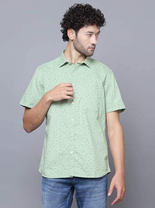 Cantabil Cotton Printed Green Half Sleeve Casual Shirt for Men with Pocket (7121302356107)