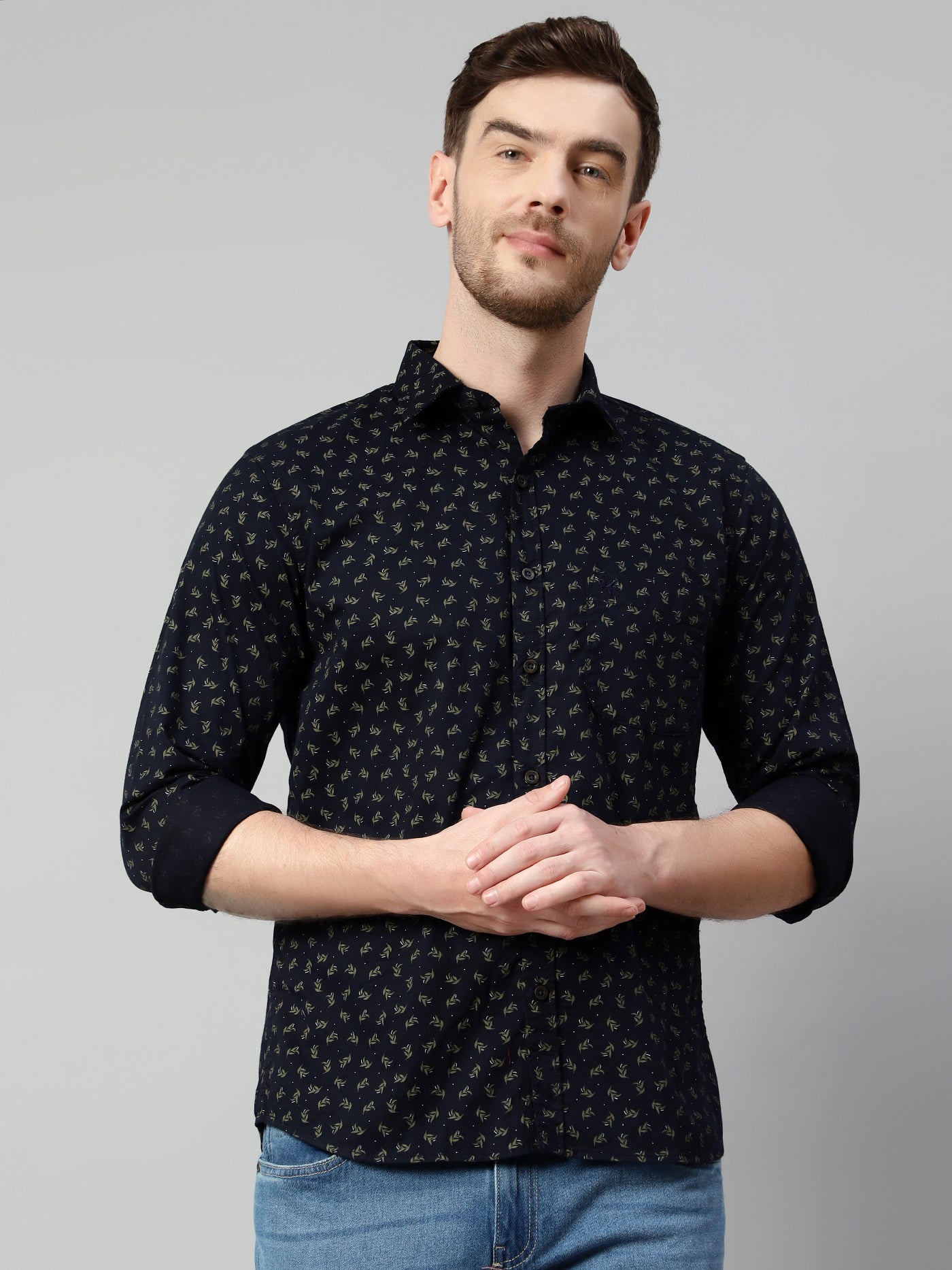 Cantabil Cotton Printed Navy Blue Full Sleeve Casual Shirt for Men with Pocket (7114275487883)