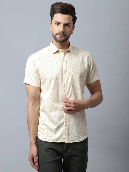Cantabil Cotton Printed Yellow Half Sleeve Casual Shirt for Men with Pocket (7048868233355)