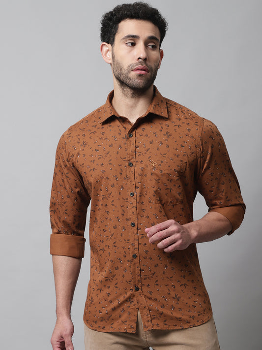 Cantabil Cotton Printed Brown Full Sleeve Casual Shirt for Men with Pocket (7070775804043)