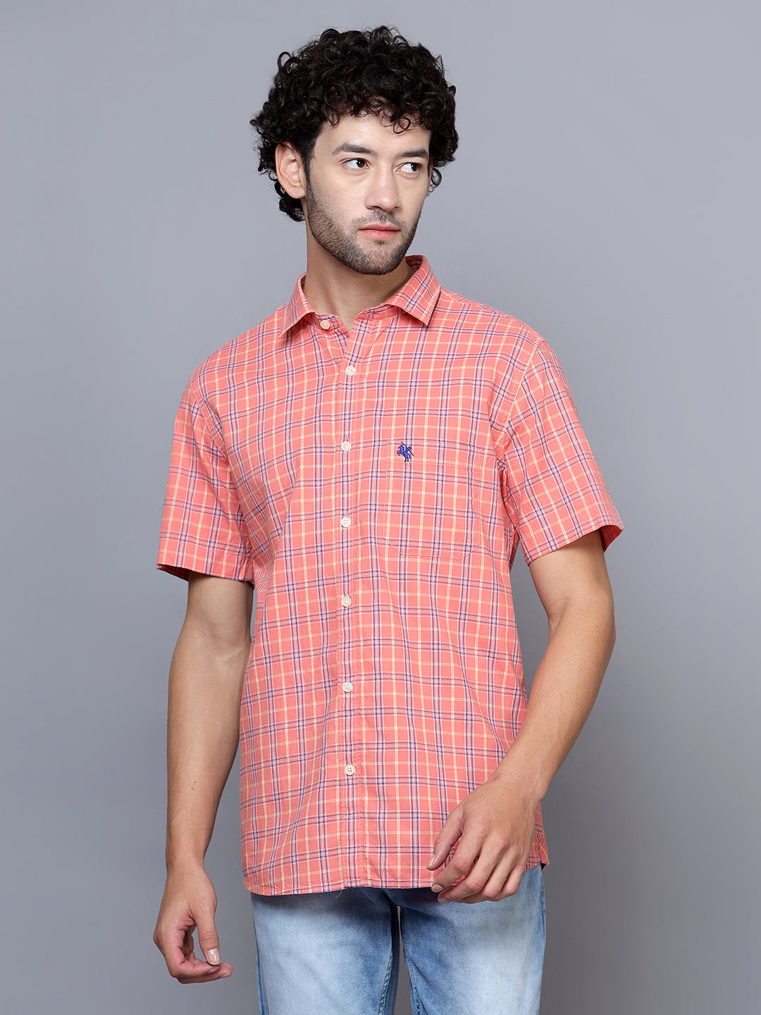 Cantabil Cotton Checkered Pink Half Sleeve Casual Shirt for Men with Pocket (7121519345803)