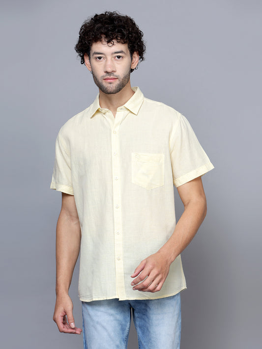 Cantabil Cotton Blend Yellow Solid Half Sleeve Casual Shirt for Men with Pocket (7121333420171)