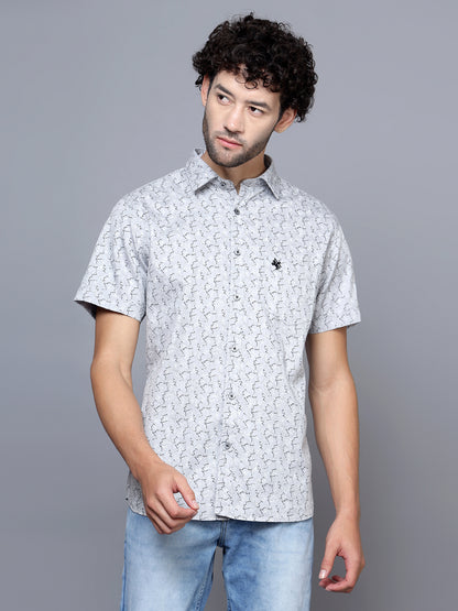 Cantabil Cotton Printed Grey Half Sleeve Casual Shirt for Men with Pocket (7121519935627)