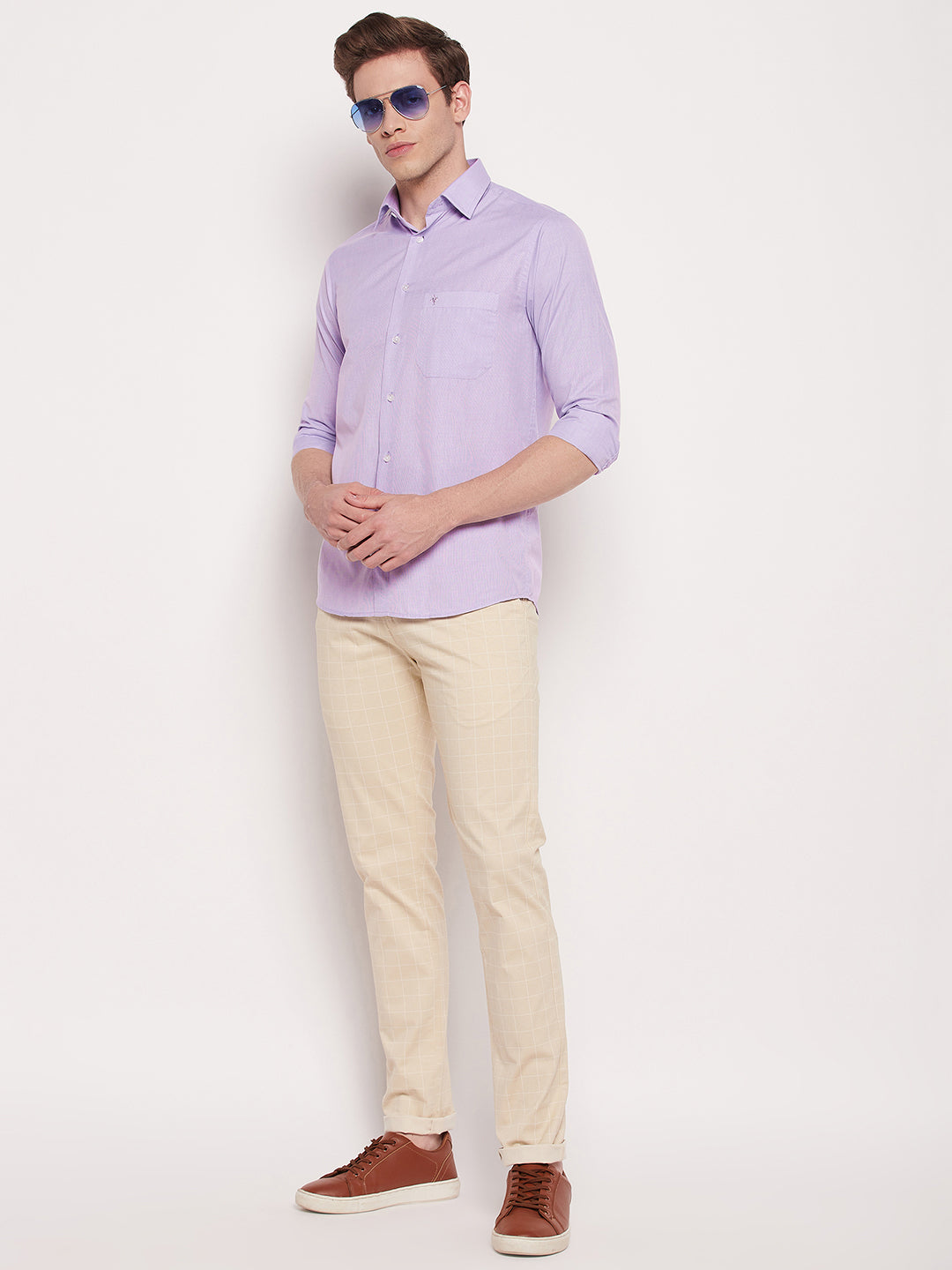 Purple shirt sales beige pants