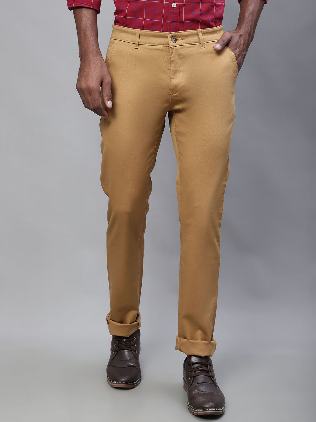 Cantabil Men Beige Cotton Blend Solid Regular Fit Casual Trouser