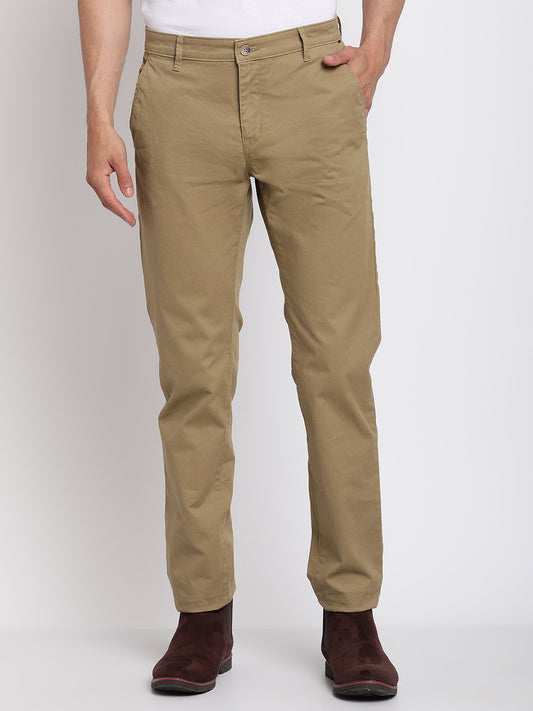 Cantabil Men Khaki Cotton Blend Solid Regular Fit Casual Trouser (6768414032011)