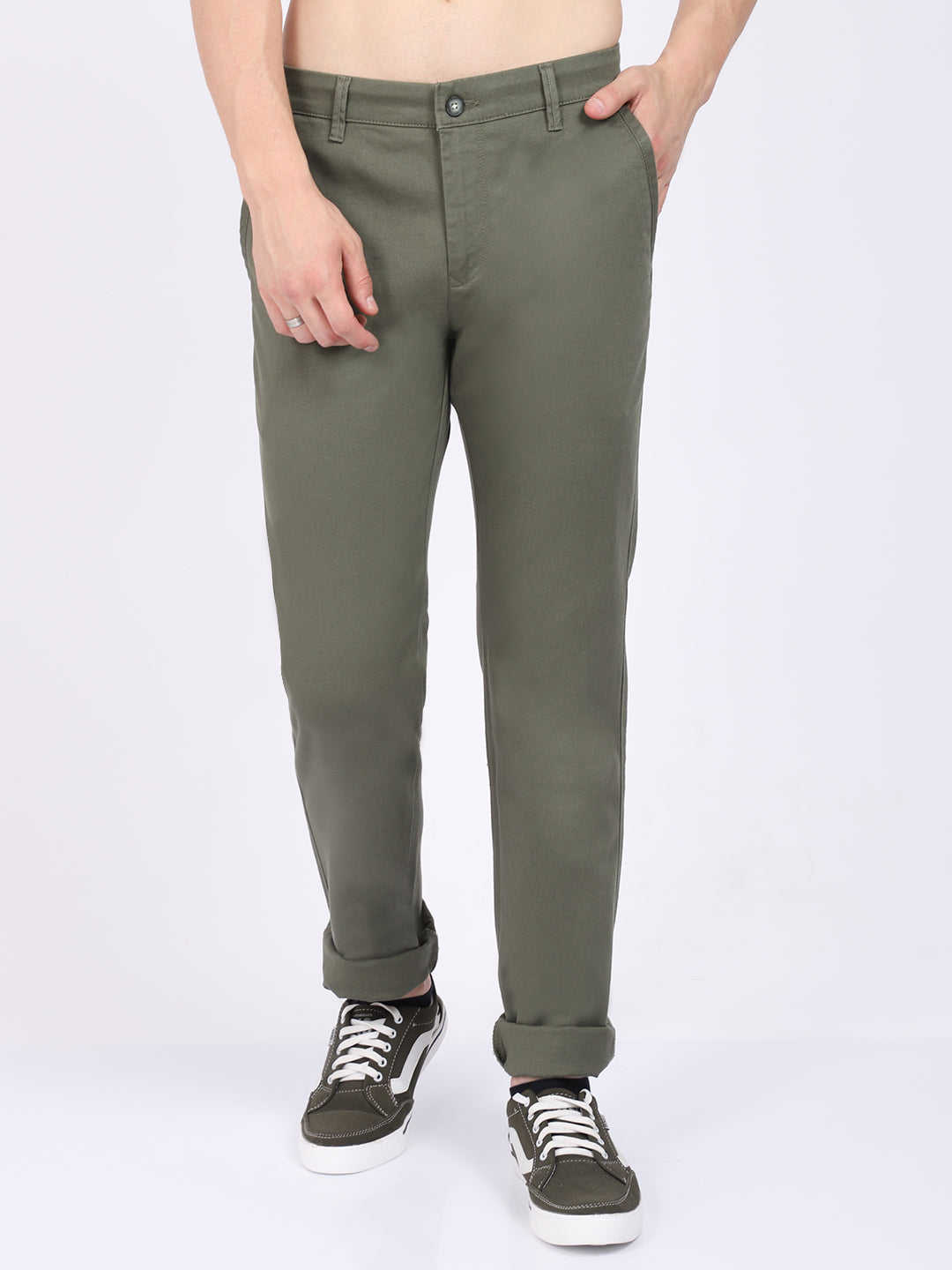 Cantabil Men Olive Cotton Blend Self Design Regular Fit Casual Trouser (6868850770059)