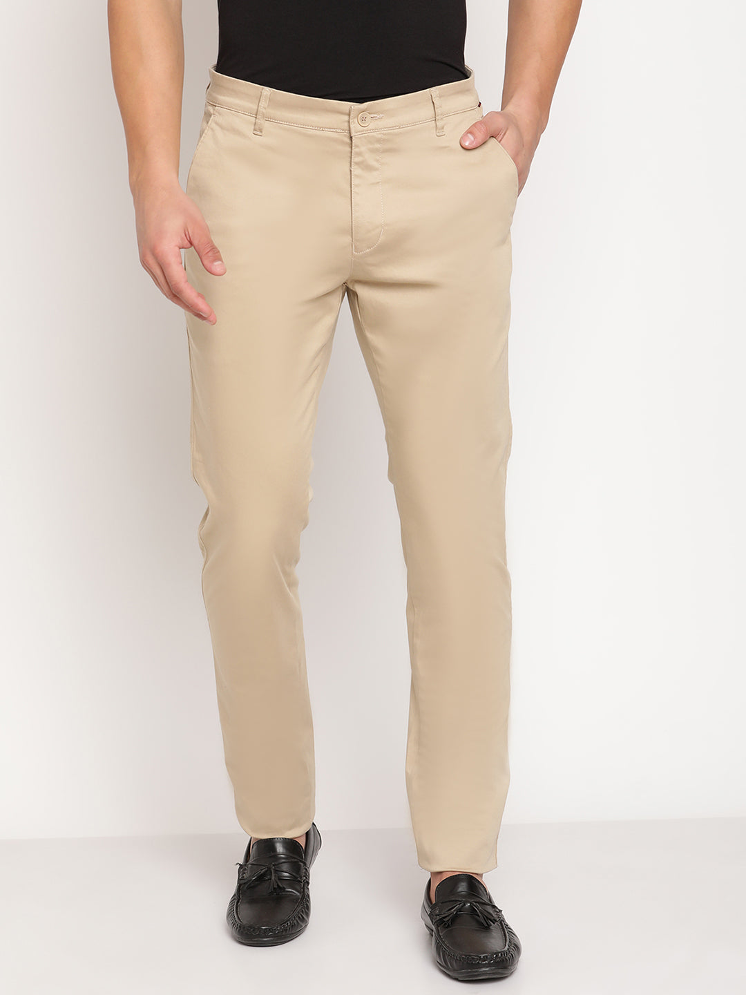 Cantabil Men Beige Cotton blend Solid Regular Fit Casual Trouser (6805192081547)