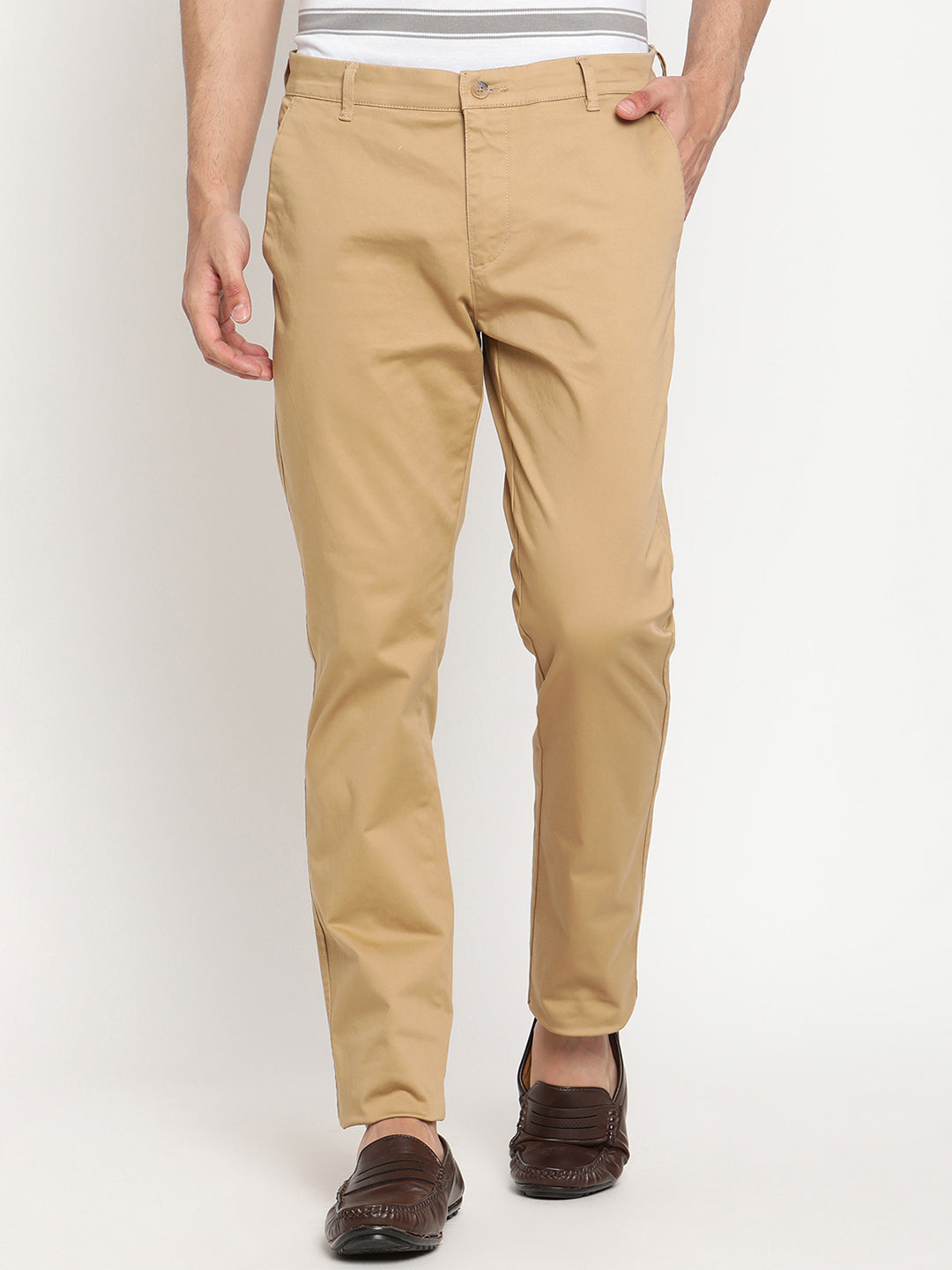 Cantabil Men Khaki Cotton Blend Solid Regular Fit Casual Trouser (6794712940683)