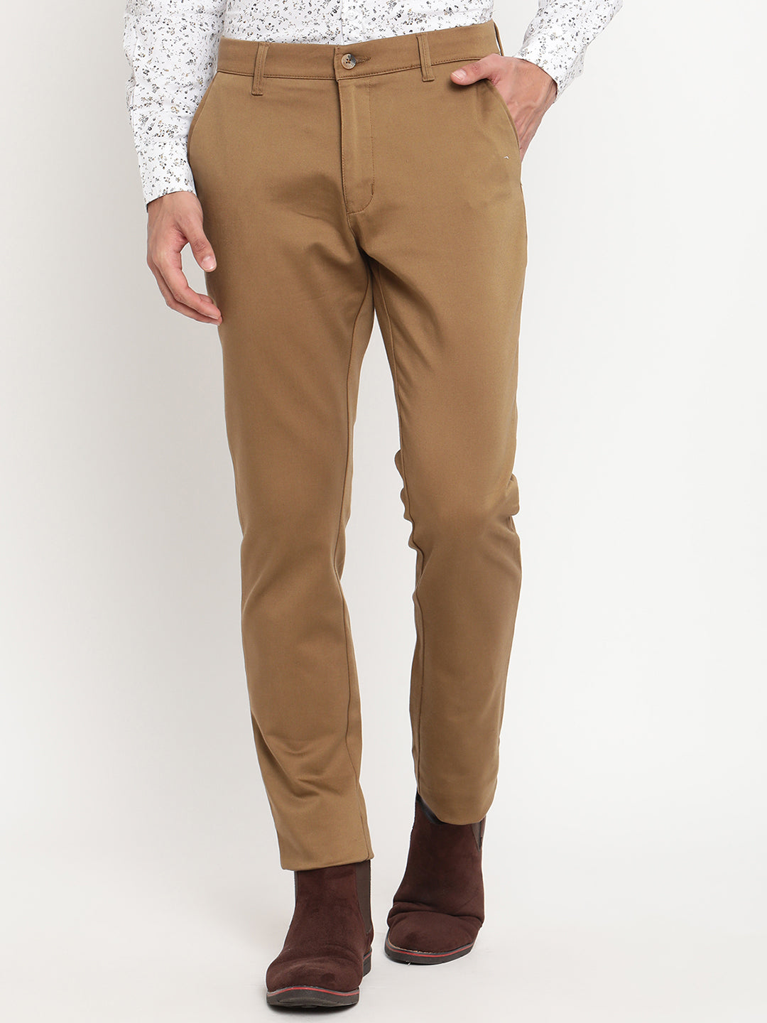 Cantabil Men Brown Cotton Regular Fit Casual Trouser