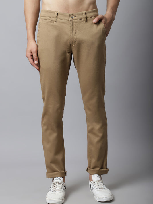 Cantabil Men Khaki Cotton Blend Self Design Regular Fit Casual Trouser (7048357609611)