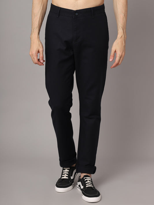Cantabil Men Navy Blue Cotton Blend Solid Regular Fit Casual Trouser (7048938946699)