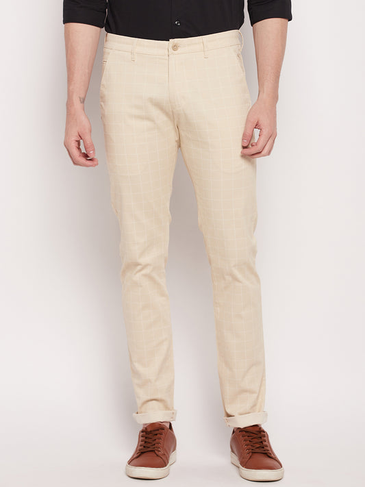 Cantabil Men Beige Cotton Blend Checkered Regular Fit Casual Trouser (7057751113867)