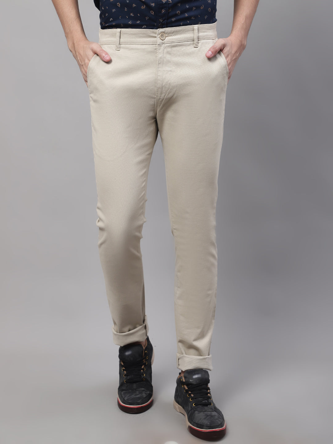 Cantabil Men Beige Cotton Blend Self Design Regular Fit Casual Trouser (7091766591627)