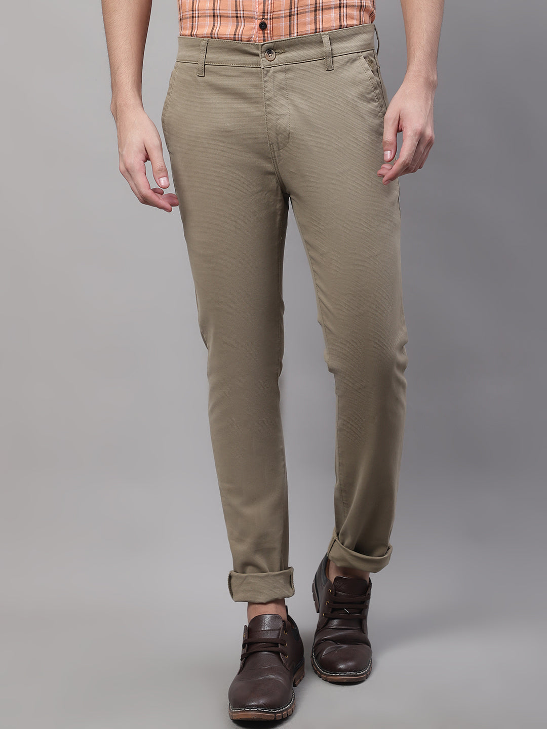 Cantabil Olive Cotton Regular Fit Printed Trousers