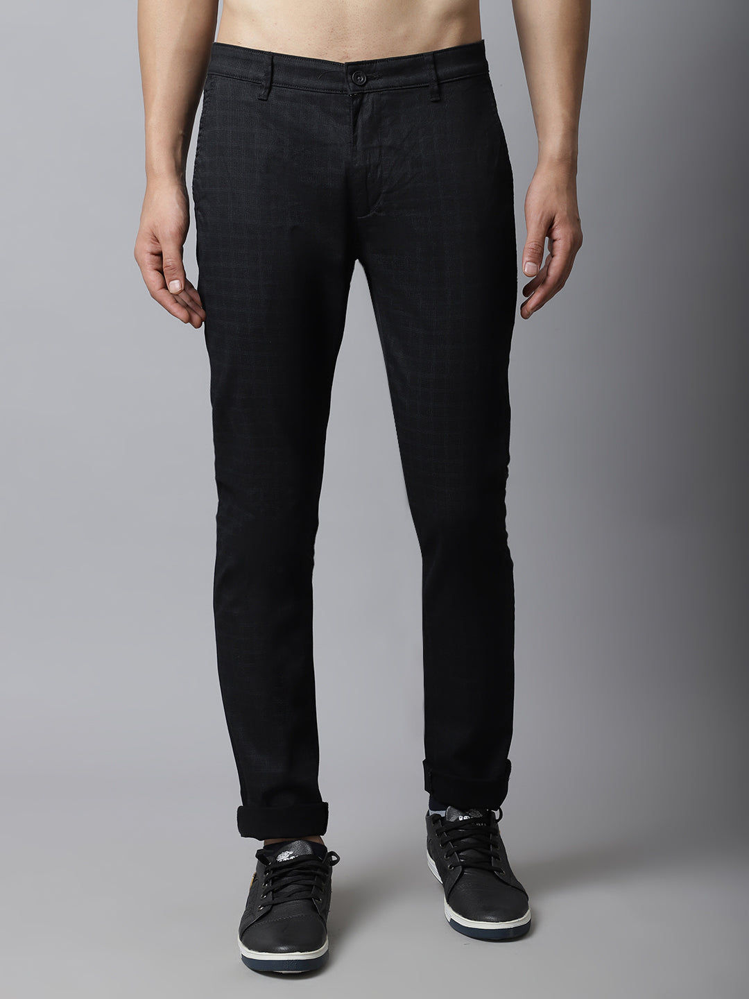 Cantabil Men Black Cotton Blend Checkered Regular Fit Casual Trouser (7037599121547)